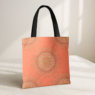 Pink Salmon & Gold Filigree Mandala With Diamonds Tote Bag
