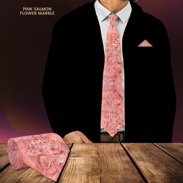 Pink Salmon Pink Flower Marble Tie (Pink Salmon Pink Flower Marble Neck Tie)