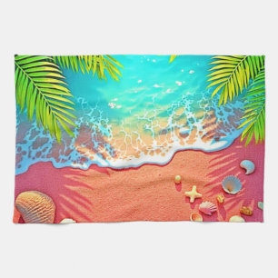 Pink Sand Beach Paradise Design Tea Towel