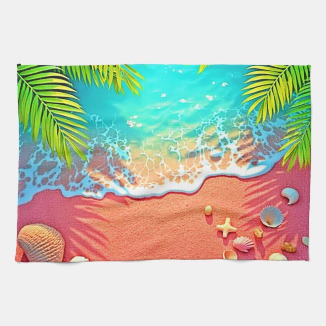 Pink Sand Beach Paradise Design Tea Towel (Horizontal)