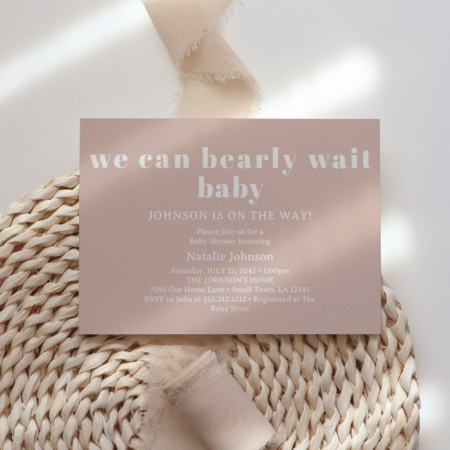 Pink Sandstone Typography Bearly Wait Baby Shower Invitation (Creator Uploaded)
