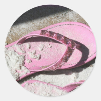Pink sandy flip flop sandals on Florida beach Classic Round Sticker