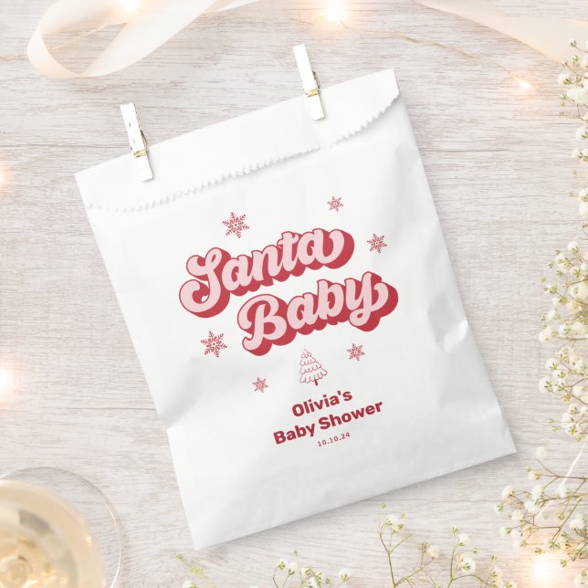 Pink  Santa Baby Christmas Baby Shower Favour Bags (Clipped)