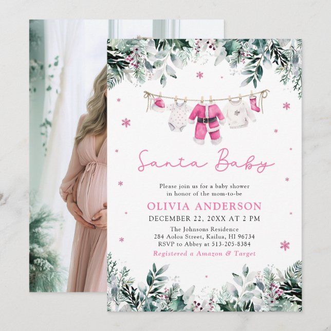 Pink Santa Baby Christmas Clothesline Baby Shower Invitation (Front/Back)