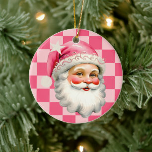 Pink Santa Claus Christmas Pink Plaid Kids Photo Ceramic Tree Decoration
