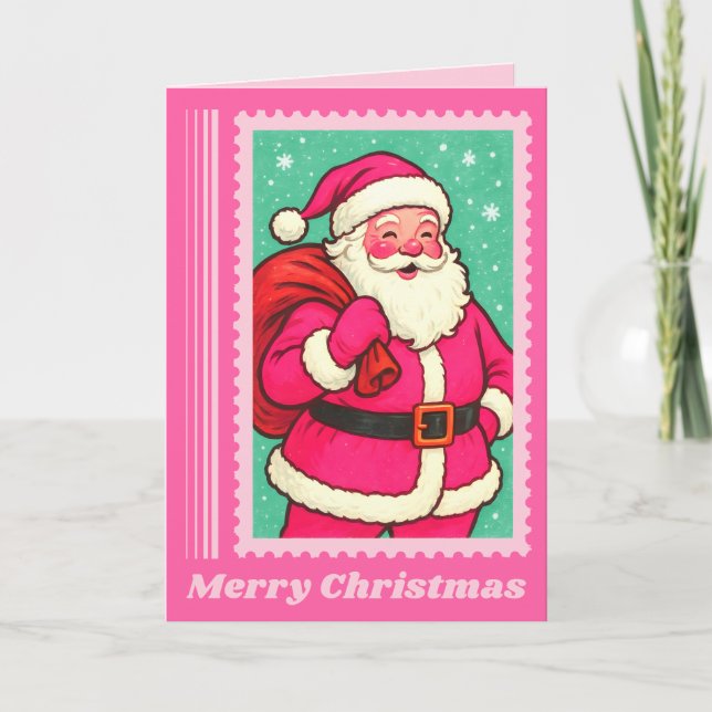 Pink Santa Claus Christmas Postage Stamp Holiday Card (Front)