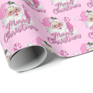 Pink Santa Claus Merry Christmas Vintage Pink Wrapping Paper