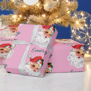 Pink Santa Face Personalised Name Christmas Custom Wrapping Paper