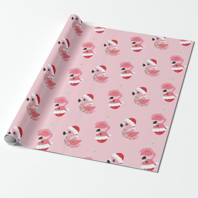 Pink Santa Flamingo Christmas Wrapping Paper (Unrolled)
