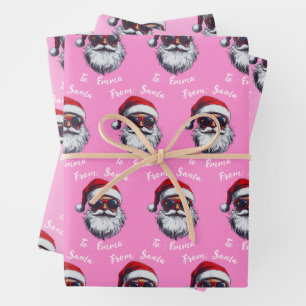 Pink Santa Gift Wrap, Custom Name Christmas Pink Wrapping Paper Sheet