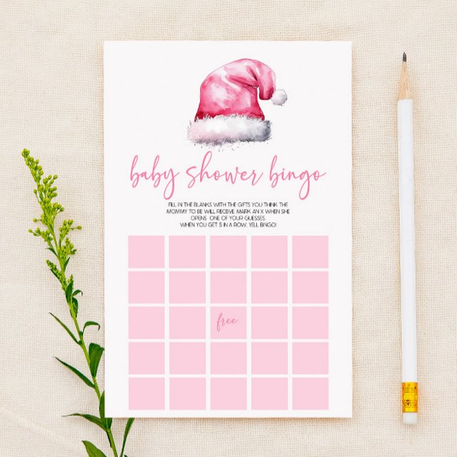 Pink Santa Hat Christmas Bingo Baby Shower Game Stationery (Creator Uploaded)