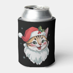 Pink Santa Hat Retro Cute Kitty Cat Christmas Can Cooler