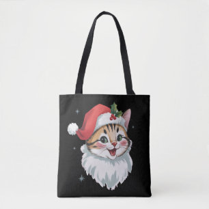 Pink Santa Hat Retro Cute Kitty Cat Christmas Tote Bag