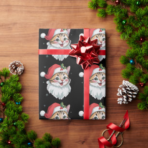 Pink Santa Hat Retro Cute Kitty Cat Christmas  Wrapping Paper
