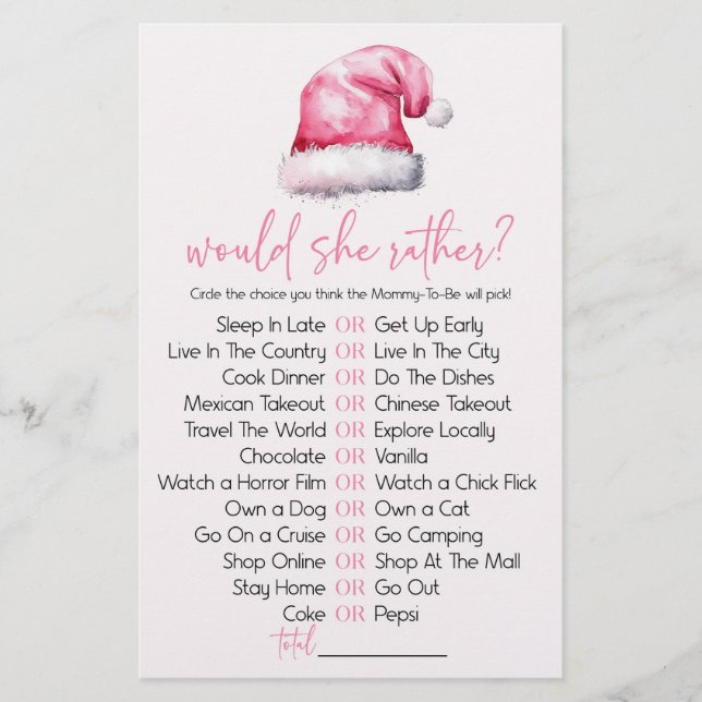 Pink Santa Hat Would She Rather Baby Shower Game Stationery (Front)