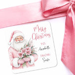 Pink Santa Merry Christmas Gift Tag Sticker<br><div class="desc">Add a festive and feminine touch to your holiday wrapping with this square Christmas gift tag sticker featuring a stylish watercolor Santa Claus on the left side. Santa is dressed in a soft pink coat and matching hat, holding a bouquet of pink poinsettias, holly berries, and pine sprigs—bringing a whimsical...</div>