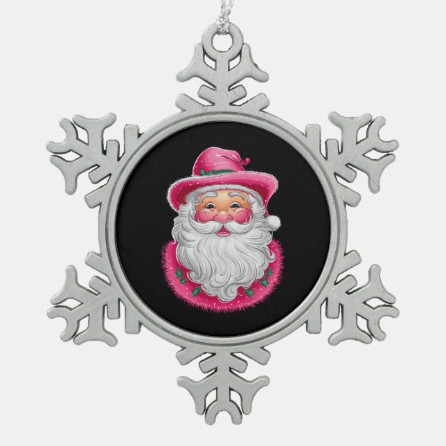 Pink Santa Retro Christmas Matching Family Party Snowflake Pewter Christmas Ornament (Front)