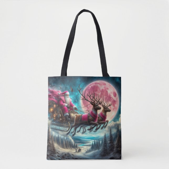 Pink Santa Travelling the Night Sky Tote Bag (Front)