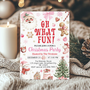 Pink Santa Winter Oh What Fun Christmas Party Invitation