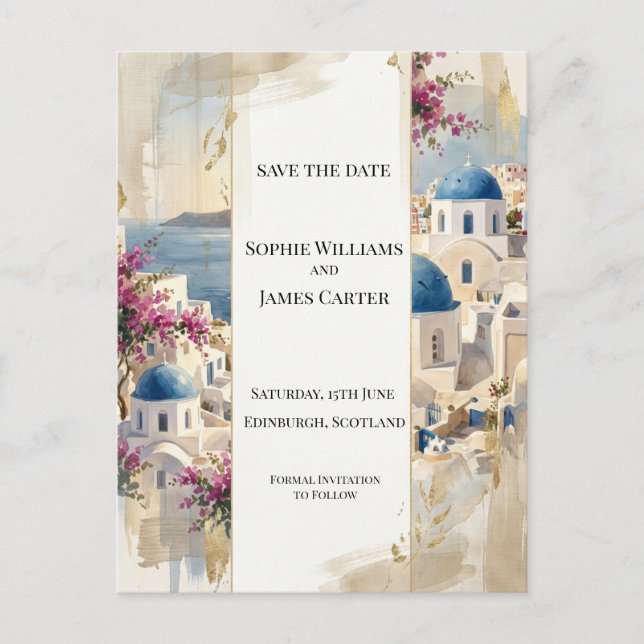 Pink Santorini Floral Save The Date Postcard (Front)