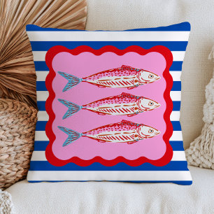 Pink Sardines on Blue Stripes Bold Nautical Cushion