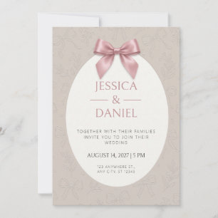 Pink Satin Bow Embossed Taupe Oval Frame Invitation