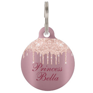 Pink Satin with Pink Glitter Drips Personalized Pet Tag