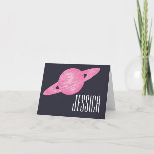Pink Saturn Space Lovers Personalized Name Kids Note Card