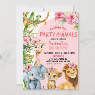 Pink Savannah Calling All Party Animals Birthday Invitation