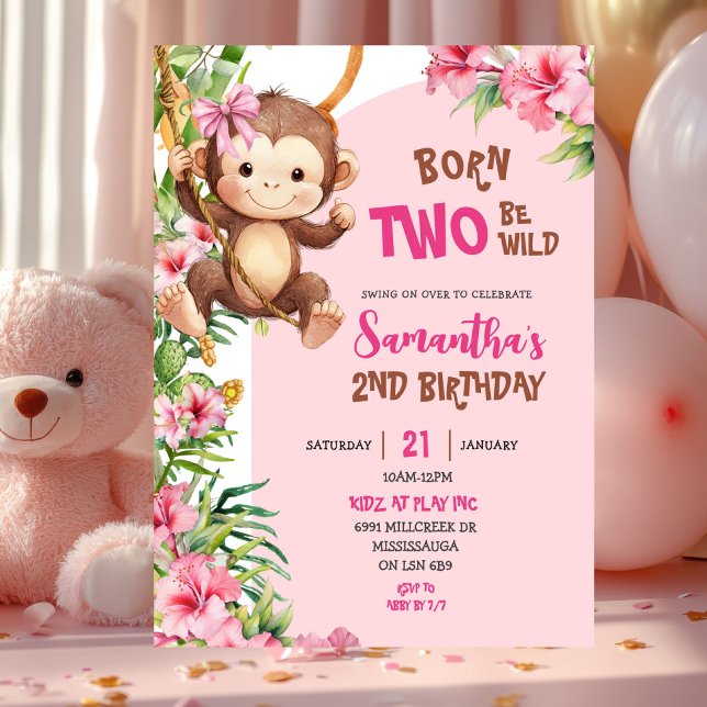 Pink Savannah Monkey Born Two Be Wild 2nd Birthday Invitation (Creator Uploaded)