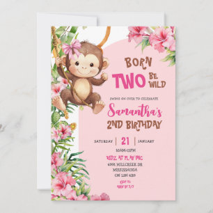 Pink Savannah Monkey Born Two Be Wild 2nd Birthday Invitation