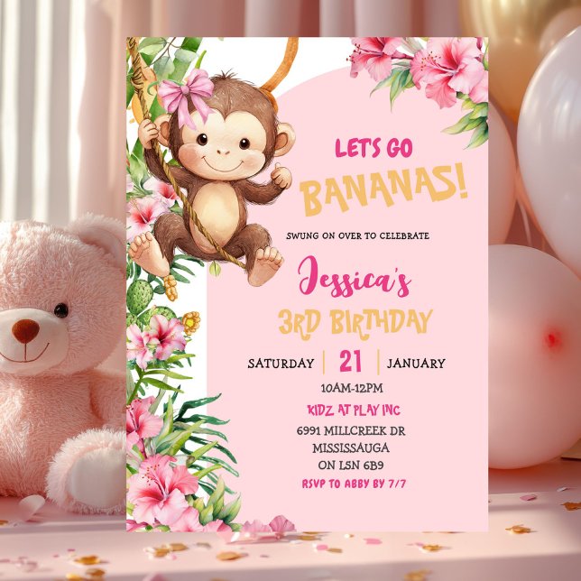 Pink Savannah Monkey Let's Go Bananas Birthday Invitation (Creator Uploaded)