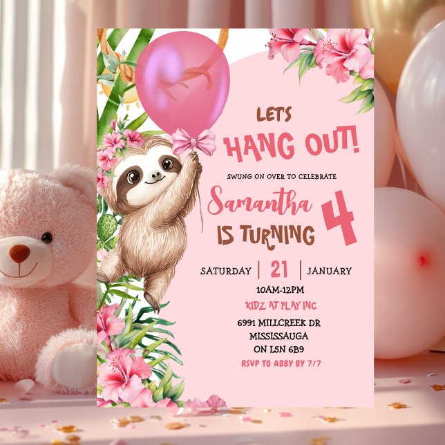 Pink Savannah Sloth Let's Hang Out Birthday Invitation (Creator Uploaded)