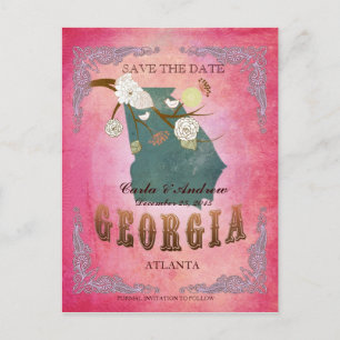 Pink Save The Date - Georgia Map With Lovely Birds Announcement Postcard