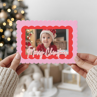 Pink Scallop Photo Christmas | Modern Merry  Holiday Card