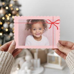 Pink Scallop Photo Christmas with Red Bow  Holiday Card