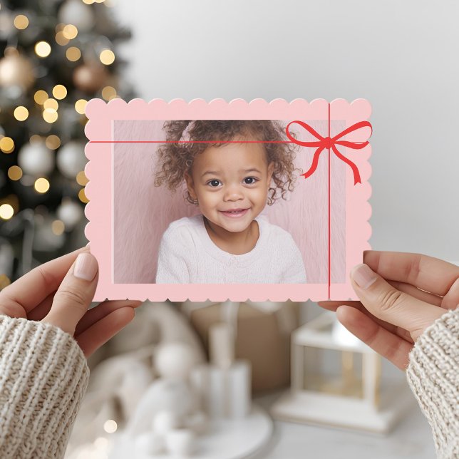 Pink Scallop Photo Christmas with Red Bow  Holiday Card (Creator Uploaded)