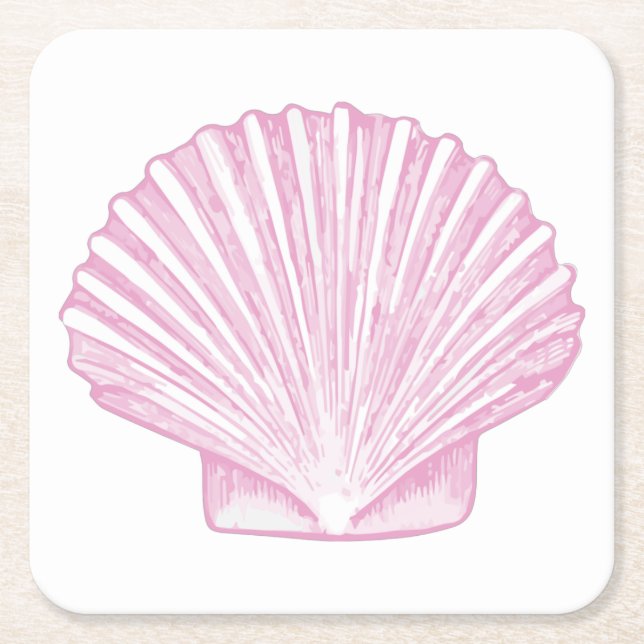 Pink Scallop Shell Coastal Square Paper Coaster (Front)