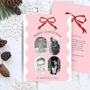 Pink Scalloped Red Bow Christmas Photo Collage Holiday Card