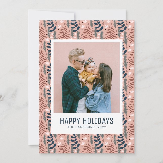 Pink Scandi Botanical Christmas Family Photo 2022 Holiday Card (Front)