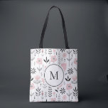 Pink Scandinavian Floral Pattern Monogram Tote Bag<br><div class="desc">Scandinavian-inspired monogram tote bag featuring black and pink floral pattern.  Personalise by adding your monogram. This floral bag is perfect for as a personalised gift. Matching items are available.</div>
