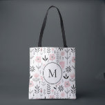 Pink Scandinavian Floral Pattern Monogram Tote Bag<br><div class="desc">Scandinavian-inspired monogram tote bag featuring black and pink floral pattern.  Personalise by adding your monogram. This floral bag is perfect for as a personalised gift. Matching items are available.</div>