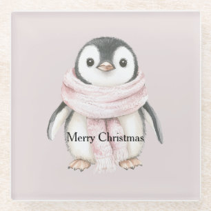 Pink Scarf Penguin Christmas Glass Coaster