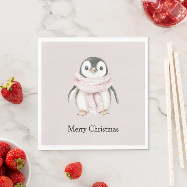 Pink Scarf Penguin Christmas Napkin (Insitu)