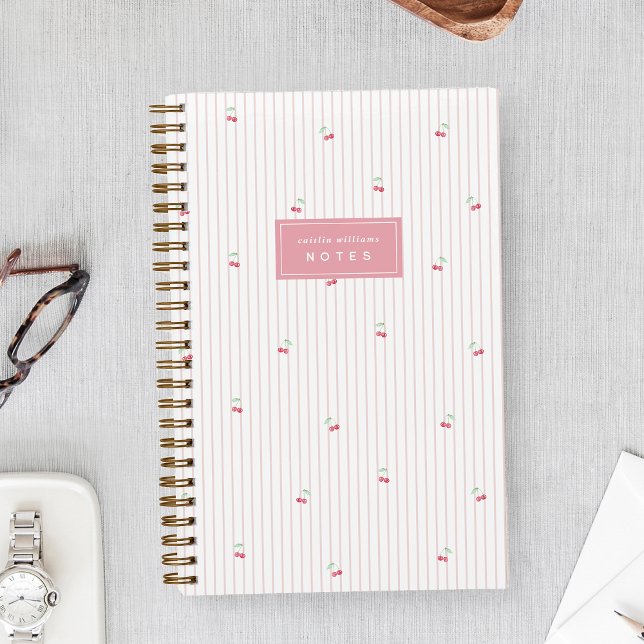 Pink | Scattered Cherry Pinstripe Personalised Notebook (Creator Uploaded)