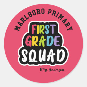 Pink School Name First Grade Teacher Squad Classic Round Sticker