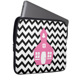 Pink Schoolhouse + Black Chevron Teacher Laptop Sleeve