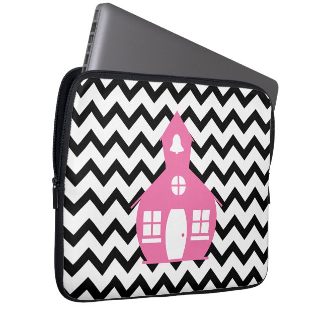 Pink Schoolhouse + Black Chevron Teacher Laptop Sleeve (Front Right)