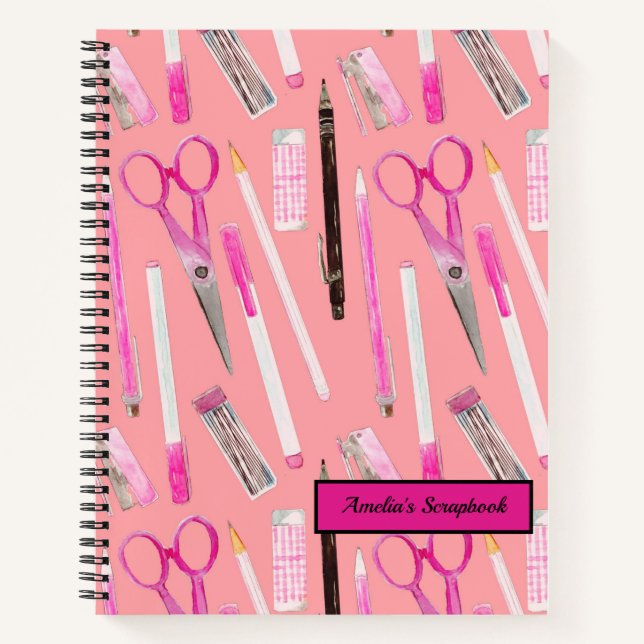 Pink scissors pen pencil eraser marker personalise notebook (Front)