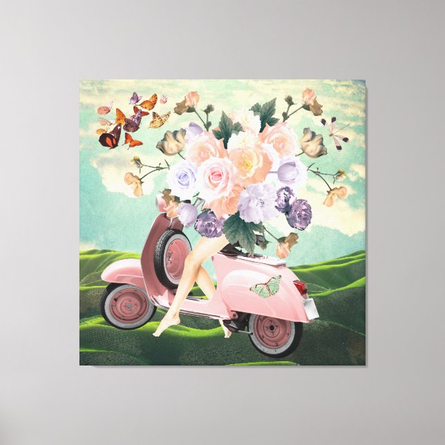 Pink Scooter legs Bouquet & Sky Retro Collage Canvas Print (Front)